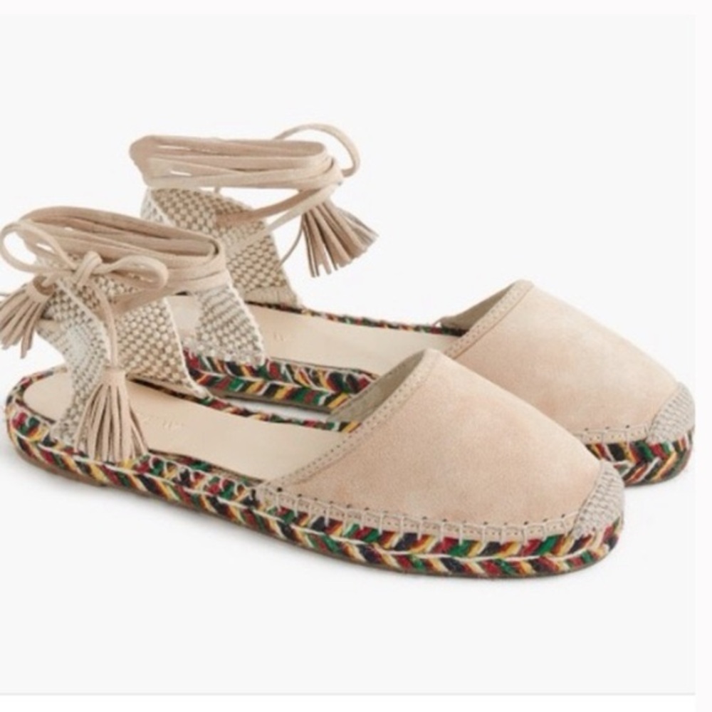 J. Crew Beige Suede Espadrille Ankle-Tie Sandals with Multicolor Braided Sole